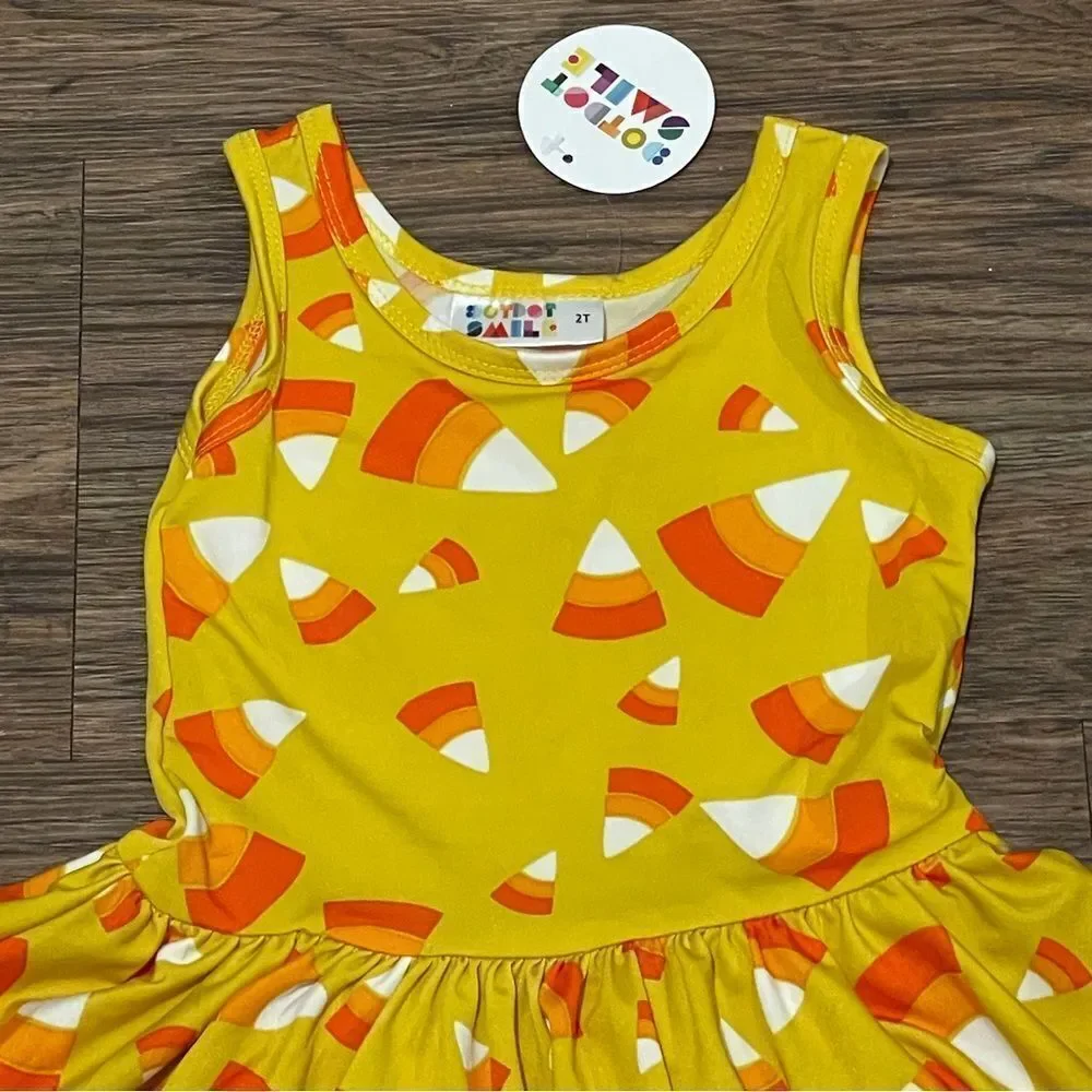 NWT Dot Dot Smile Candy Corn Twirl Sleeveless Dress Orange White Gold Size 2T